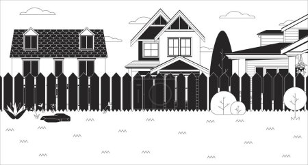 Illustration for Cottage backyard with green lawn black and white line illustration. Summer suburban courtyard 2D landscape monochrome background. Tranquil yard of residential house outline scene vector image - Royalty Free Image