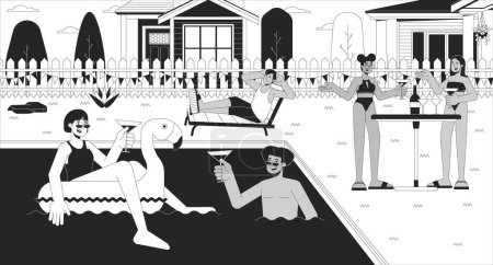 Illustration for Pool party with friends black and white line illustration. Diverse people group chilling at poolside 2D characters monochrome background. Summer amusement event outline scene vector image - Royalty Free Image