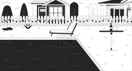 Illustration for Luxury poolside area black and white line illustration. Party and relax. Backyard swimming pool in summer 2D landscape monochrome background. Recreation at swimpool outline scene vector image - Royalty Free Image