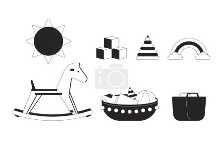 Illustration for Childhood toys black and white 2D line cartoon objects set. Pyramid rings, rocking horse isolated vector outline items collection. Early development activity monochromatic flat spot illustrations - Royalty Free Image