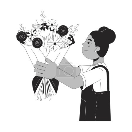 Illustration for African american girl giving flowers black and white 2D line cartoon character. Black female child isolated vector outline person. Floral arrangement childhood monochromatic flat spot illustration - Royalty Free Image