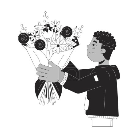 Ilustración de Niño afroamericano dando ramo de negro y blanco 2D línea personaje de dibujos animados. Hombre negro niño aislado vector contorno persona. arreglo floral infancia lindo monocromático plano punto ilustración - Imagen libre de derechos
