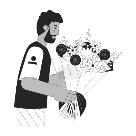 Ilustración de Barbudo negro hombre sosteniendo ramo negro y blanco 2D línea personaje de dibujos animados. Conseguir flores afroamericano hombre aislado vector contorno persona. Ilustración plana monocromática de felicitaciones florales - Imagen libre de derechos