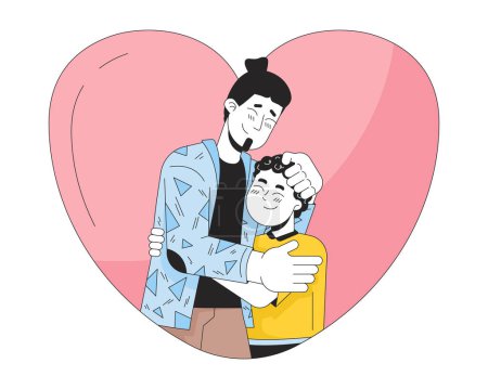 Illustration for Heart-shaped hug father young boy 2D linear cartoon characters. Heartshaped young son dad caucasian isolated line vector people white background. Loved relationships color flat spot illustration - Royalty Free Image