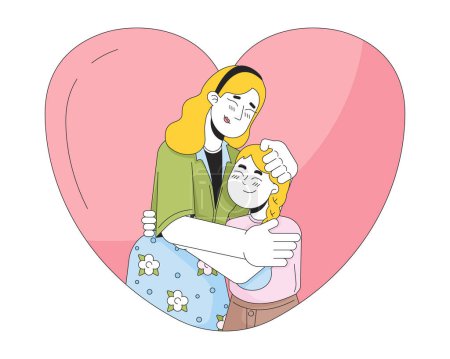 Illustration for Heart-shaped young daughter mother hug 2D linear cartoon characters. Heartshaped mom and child caucasian isolated line vector people white background. Loved relationships color flat spot illustration - Royalty Free Image