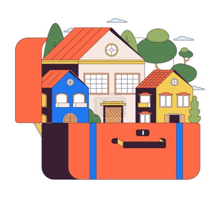 Packing city in suitcase 2D linear illustration concept. Travel bag houses urban scene cartoon object isolated on white. Luggage suburban. Baggage homes metaphor abstract flat vector outline graphic