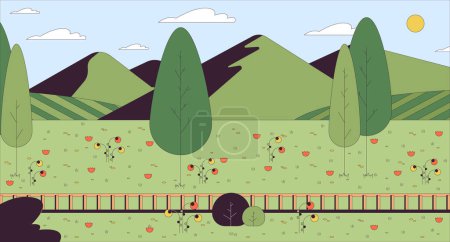 Railroad hill cartoon flat illustration. Railway hillside 2D line scenery colorful background. Countryside rail line. Summer outdoors. Sunny day grass mountains scene vector storytelling image