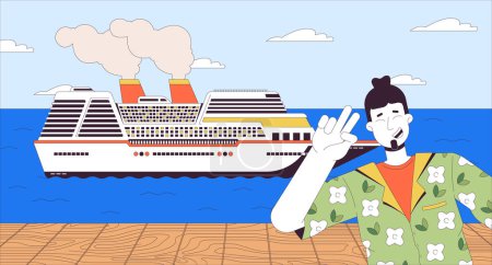 Illustration for Tourist posing in front of cruise ship cartoon flat illustration. Selfie taking traveler caucasian man on pier 2D line character colorful background. Waterfront boat scene vector storytelling image - Royalty Free Image