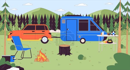 Camping trailer in forest cartoon flat illustration. Campground travel 2D line scenery colorful background. Campsite vehicles equipment. Solo trip. Woodland camper scene vector storytelling image