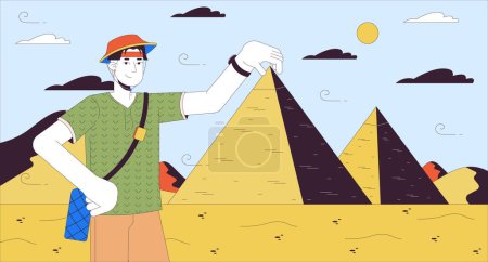 Egypt pyramids sightseeing cartoon flat illustration. Holiday tourist asian man 2D line character colorful background. Korean male traveler posing holding pyramid scene vector storytelling image