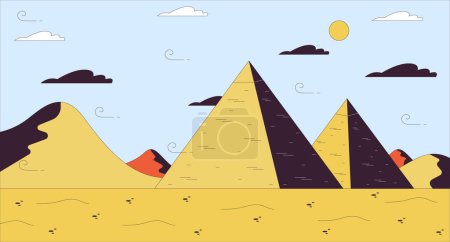 Pyramides Egypte dessin animé plat illustration. Paysage égyptien ligne 2D décor fond coloré. Architecture ancienne. Voyage point de repère désert. Lieu célèbre monuments scène vecteur conte image