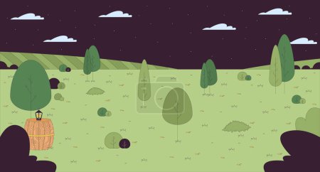 Summer meadow under night sky cartoon flat illustration. Calm scenery spring. Grassy hill at night 2D line scenery colorful background. Summertime nature stars nightime scene vector storytelling image