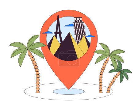 Travel destination pin 2D linear illustration concept. Tropical vacation pinpoint location cartoon object isolated on white. Attractions Europe holidays metaphor abstract flat vector outline graphic