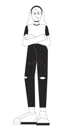 Illustration for Woman angry arms crossed black and white cartoon flat illustration. Upset female caucasian 2D lineart character isolated. Emotional expressing, body language monochrome scene vector outline image - Royalty Free Image