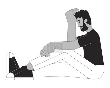 Illustration for Depressed man holding head black and white cartoon flat illustration. African american male sad 2D lineart character isolated. Emotion expressing, body language monochrome scene vector outline image - Royalty Free Image