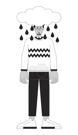 Man anxious depression black and white 2D illustration concept. Sad pessimistic arab adult male cartoon outline character isolated on white. Rainy cloud above head metaphor monochrome vector art