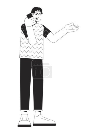 Illustration for Asian man arguing on smartphone black and white cartoon flat illustration. Korean male furious 2D lineart character isolated. Emotional expressing, body language monochrome scene vector outline image - Royalty Free Image