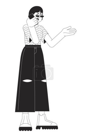 Illustration for Korean woman arguing on phone black and white cartoon flat illustration. Complaining female 2D lineart character isolated. Emotional expressing, body language monochrome scene vector outline image - Royalty Free Image