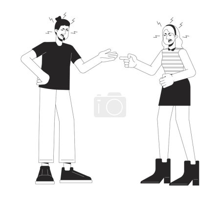 Pelea pareja caucásica ilustración plana de dibujos animados en blanco y negro. Dificultades de relación 2D caracteres lineales aislados. Emocional expresión, lenguaje corporal monocromo escena vector contorno imagen