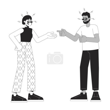 Interracial pareja argumento dibujos animados en blanco y negro ilustración plana. Pareja casada infeliz personajes lineales 2D aislados. Emocional expresión, lenguaje corporal monocromo escena vector contorno imagen