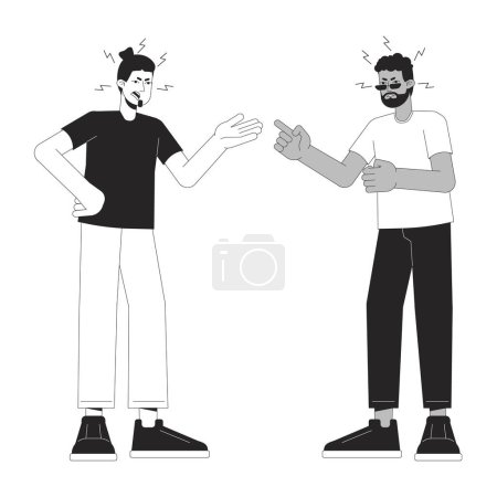 Zwei Männer streiten Schwarz-Weiß-Cartoon flache Illustration. Männliche Freunde, Freunde, die 2D-Linienbuchstaben brüllen. Emotionaler Ausdruck, monochrome Szenenumrisse in der Körpersprache