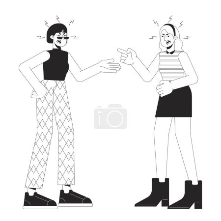 Illustration for Two women confrontation black and white cartoon flat illustration. Girlfriends aggressive 2D lineart characters isolated. Emotional expressing, body language monochrome scene vector outline image - Royalty Free Image