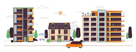 Illustration for Downtown condominiums line cartoon flat illustration. Condos house. Car riding street. Front view building exterior 2D lineart object isolated on white background. Real estate scene vector color image - Royalty Free Image