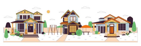 Illustration for Modern neighborhood line cartoon flat illustration. Emerging residential area. Front view buildings 2D lineart object isolated on white background. Family friendly cottages scene vector color image - Royalty Free Image