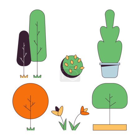 Illustration for Lawn ornaments 2D linear cartoon objects set. Flowers blooming spring. Potted trees bushes isolated line vector elements white background. Greenery vegetation color flat spot illustration collection - Royalty Free Image