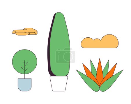 Illustration for Outdoor decor 2D linear cartoon objects set. Decorative stones. Potted shrubs isolated line vector elements white background. Lawn plants. Bushes in pots color flat spot illustration collection - Royalty Free Image
