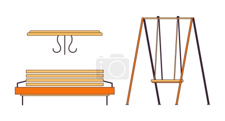 Illustration for Park decorations 2D linear cartoon objects set. Recreational outdoor furniture isolated line vector elements white background. Playground swings, wooden bench color flat spot illustration collection - Royalty Free Image