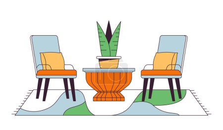 Téléchargez les illustrations : Confortable patio mobilier d'assise 2D linéaire objet de dessin animé. Deux chaises pot de fleurs isolé ligne vecteur élément fond blanc. Tapis revêtement de sol sous les fauteuils couleur spot plat illustration - en licence libre de droit