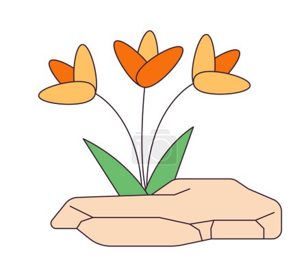 Illustration for Flowers growing out rock 2D linear cartoon object. Blooming plants sprouting from stone isolated line vector element white background. Wildflowers break through crack color flat spot illustration - Royalty Free Image