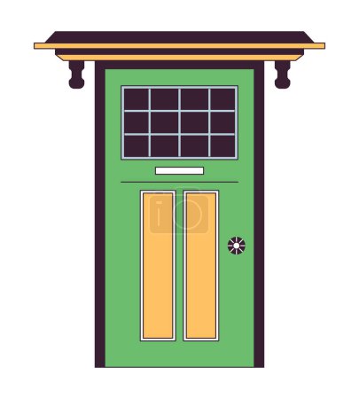 Door building exterior 2D linear cartoon object. Doorway entrance isolated line vector element white background. Facade house. Residential entry door with window color flat spot illustration