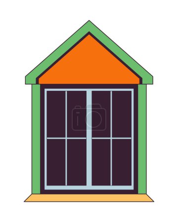 Téléchargez les illustrations : Grenier fenêtre extérieure 2D linéaire objet de dessin animé. Bâtiment fenêtre cadre isolé ligne vecteur élément fond blanc. Résidence sur le toit. Toiture-fenêtre résidentielle extérieur couleur plat spot illustration - en licence libre de droit