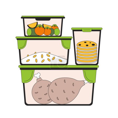 Meal prep containers plastic 2D linear cartoon object. Plastic food packaging isolated line vector element white background. Lunch boxes. Storage leftovers thanksgiving color flat spot illustration
