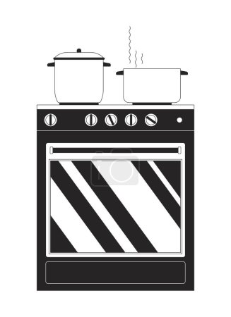 Illustration for Kitchen stove pots boiling black and white 2D line cartoon object. Preparing. Hot steaming cookware isolated vector outline item. Food cooking energy efficient monochromatic flat spot illustration - Royalty Free Image