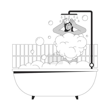 South asian woman showering in bathtub black and white 2D line cartoon character. Indian young adult female isolated vector outline person. Shampooing hair in tub monochromatic flat spot illustration