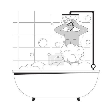 Homme indien douche dans la baignoire noir et blanc personnage de dessin animé ligne 2D. Sud asiatique jeune adulte mâle isolé vecteur contour personne. Laver les cheveux avec un shampooing monochromatique spot plat illustration