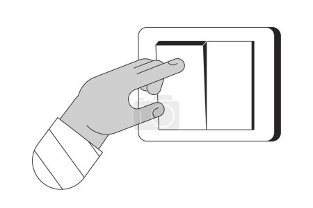 Illustration for Turning off light on wall switch cartoon human hand outline illustration. Energy saving 2D isolated black and white vector image. Electricity switching finger flat monochromatic drawing clip art - Royalty Free Image