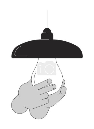 Installing light bulb in lamp cartoon human hands outline illustration. Energy efficient light fixture 2D isolated black and white vector image. Replace lightbulb flat monochromatic drawing clip art