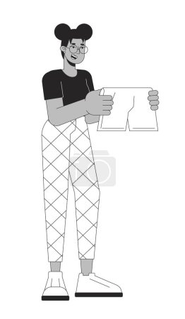 afro-américaine fille choisir shorts noir et blanc personnage de dessin animé ligne 2D. Femme noire secouant des vêtements isolé vecteur contour personne. Poignée blanchisserie monochromatique spot plat illustration