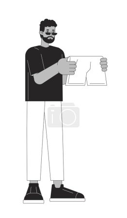 Téléchargez les illustrations : Homme noir barbu choisissant boxer shorts noir et blanc personnage de bande dessinée ligne 2D. Afro-américain gars isolé vecteur contour personne. Sélection de sous-vêtements blanchisserie monochromatique spot plat illustration - en licence libre de droit