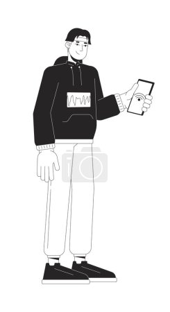 Ilustración de Joven coreano que tiene NFC en el teléfono negro y blanco personaje de dibujos animados de línea 2D. Persona contactless pago individuo aislado contorno vectorial. Tecnología inalámbrica ilustración plana monocromática - Imagen libre de derechos