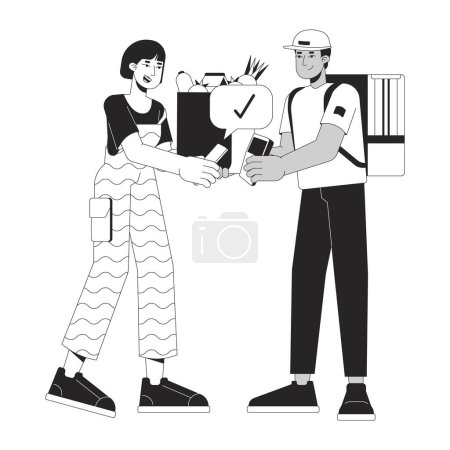 Illustration for Woman paying through NFC for courier groceries black and white 2D line cartoon characters. Diverse adults isolated vector outline people. Contactless payment monochromatic flat spot illustration - Royalty Free Image