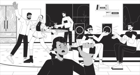 Alcohol abuse at home party black and white line illustration. Drunk guests interacting 2D characters monochrome background. Problems with overdrink at holiday outline scene vector image