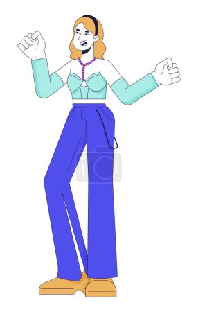 Joyful white woman dancing 2D linear cartoon character. Lady having fun at disco party isolated line vector person white background. 70s retro style nightlife color flat spot illustration