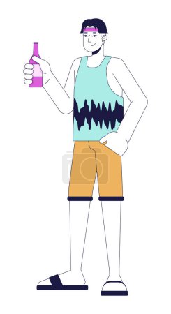 Illustration for Positive asian man with beer bottle 2D linear cartoon character. Refreshing drink. Relaxed party guest isolated line vector person white background. Hanging out on weekend color flat spot illustration - Royalty Free Image