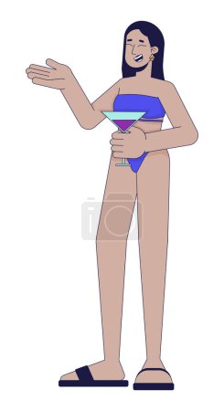 Illustration for Laughing woman at beach cocktail party 2D linear cartoon character. Arab female in swimsuit isolated line vector person white background. Poolside lounge bar color flat spot illustration - Royalty Free Image