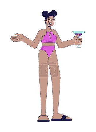 Téléchargez les illustrations : Femme noire à la piscine partie personnage de dessin animé linéaire 2D. Femme afro-américaine tenant cocktail isolé ligne vecteur personne fond blanc. Illustration de tache plate de couleur de hangout d'été - en licence libre de droit